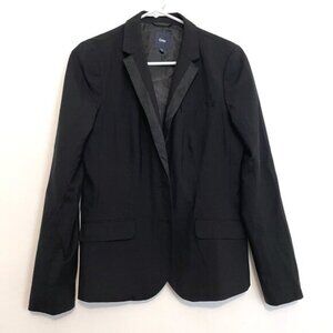 GAP Solid Black w Black Satin Lapel Tuxedo Style Preppy WOOL Blend Blazer Jacket